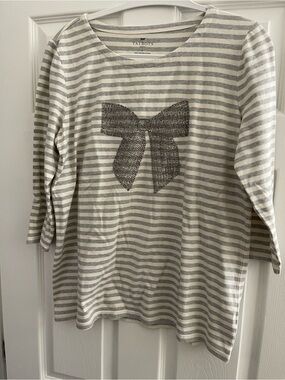 Talbots Gray & White Striped Bow Knit Top